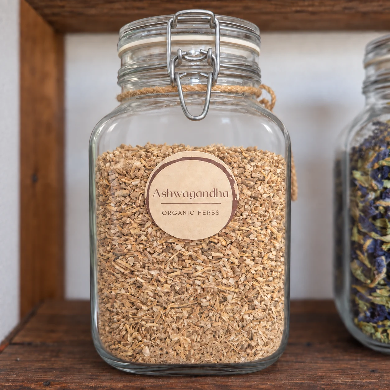 Ashwagandha root in its glass display jar - enhanced shop photograph