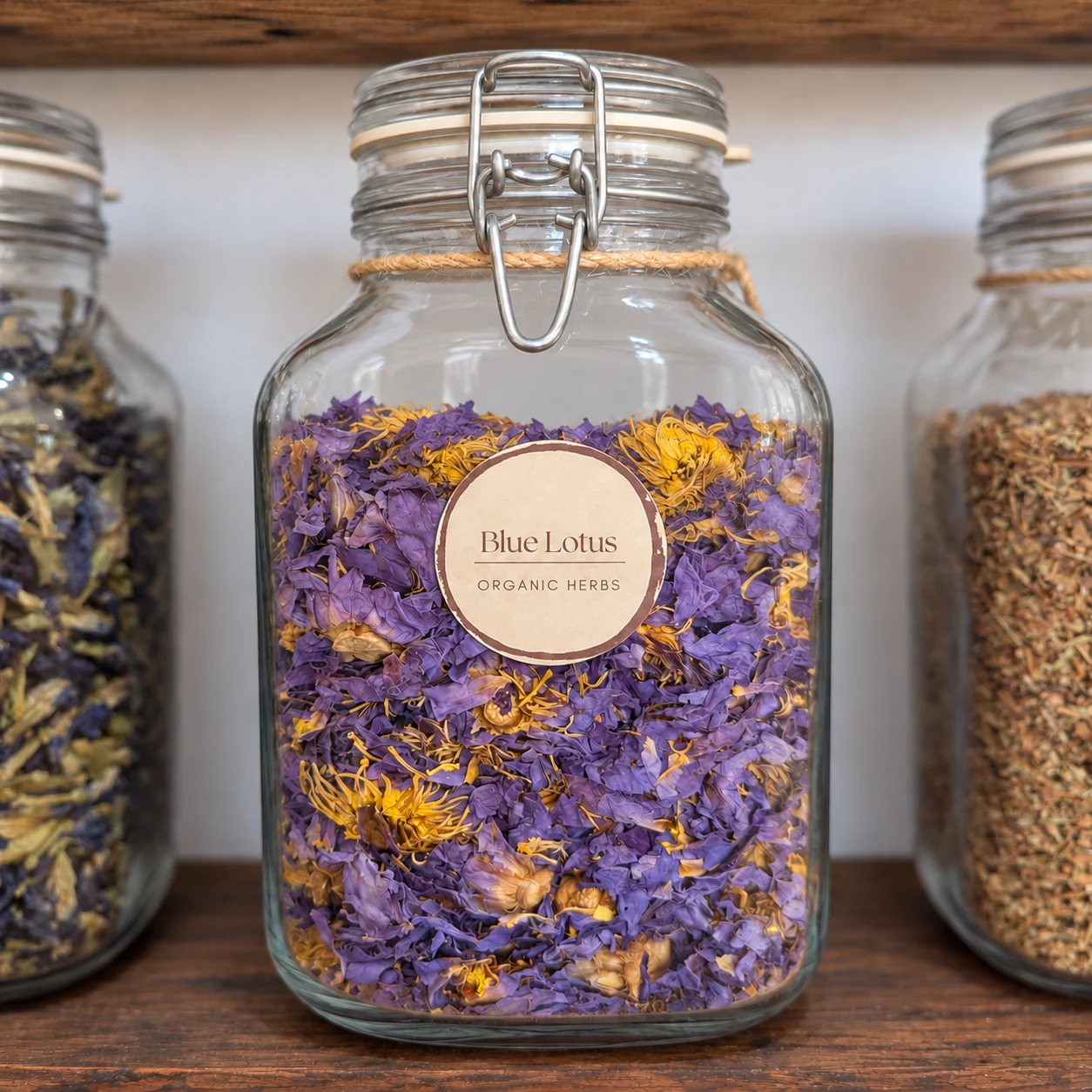 Blue lotus flowers in its glass display jar - enhanced shop photograph