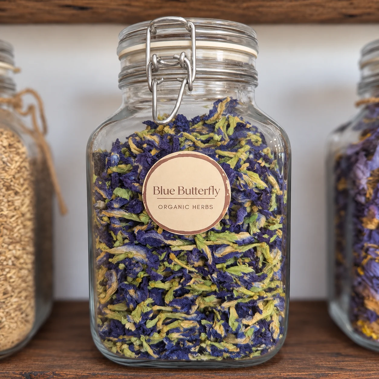 Blue butterfly pea flowers in its glass display jar - enhanced shop photograph