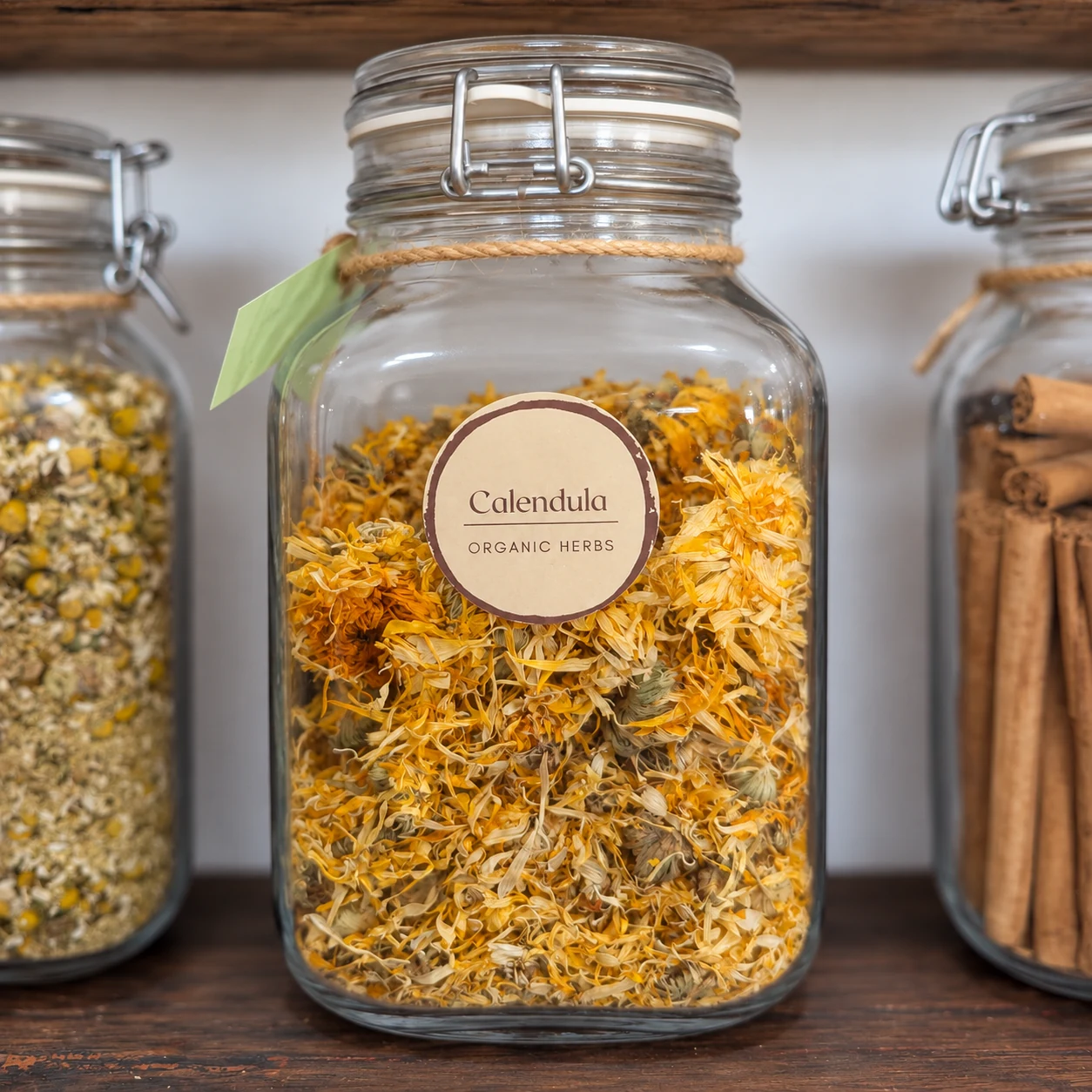 Calendula flowers in its glass display jar - enhanced shop photograph