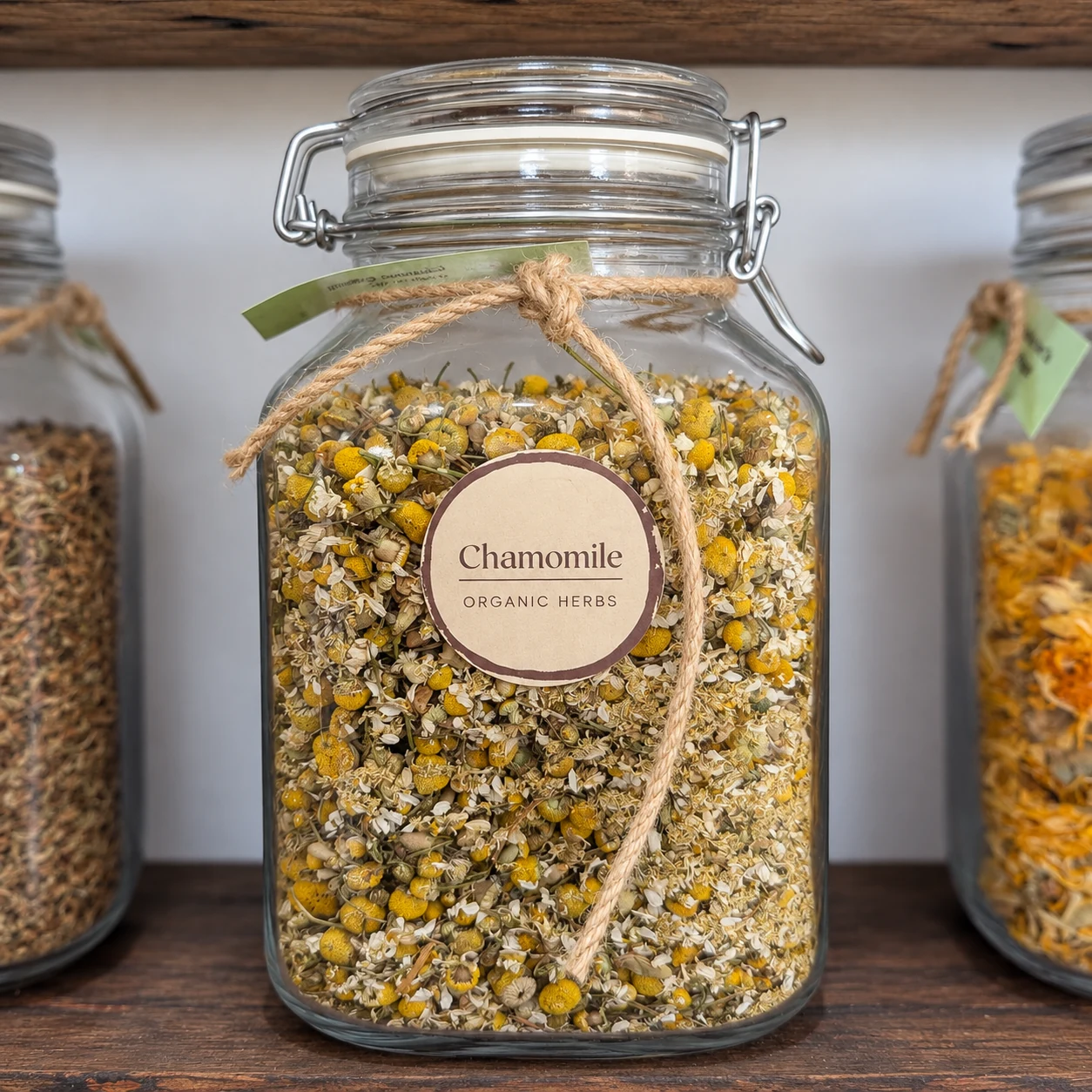Chamomile flowers in its glass display jar - enhanced shop photograph