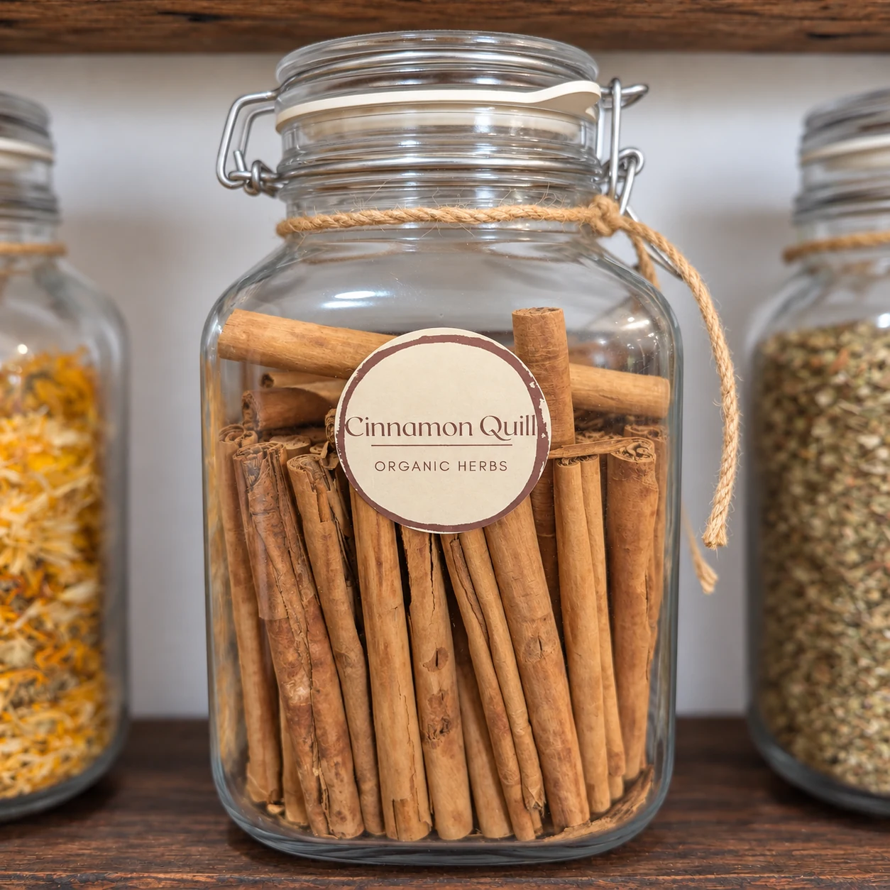 Ceylon cinnamon quills in its glass display jar - enhanced shop photograph