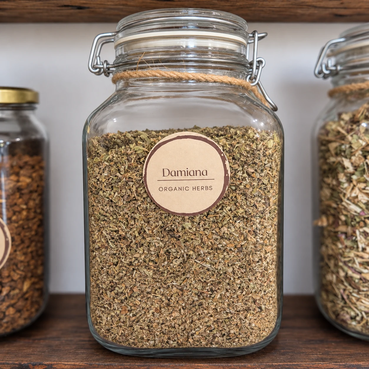 Damiana in its glass display jar - enhanced shop photograph