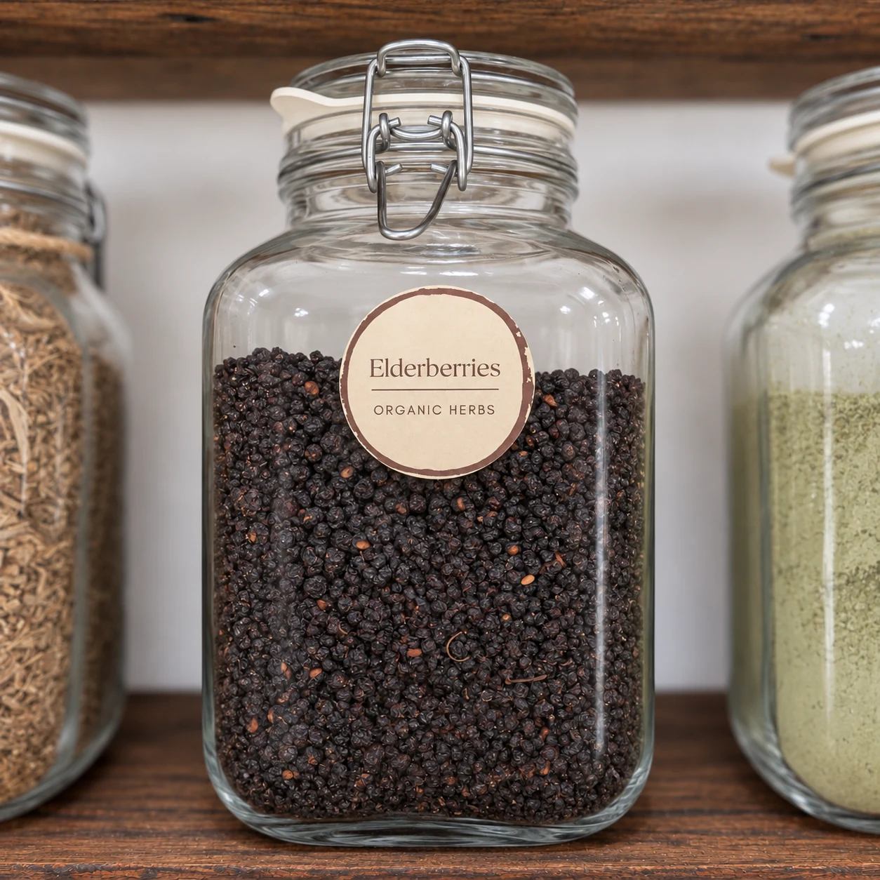 Elderberries in its glass display jar - enhanced shop photograph