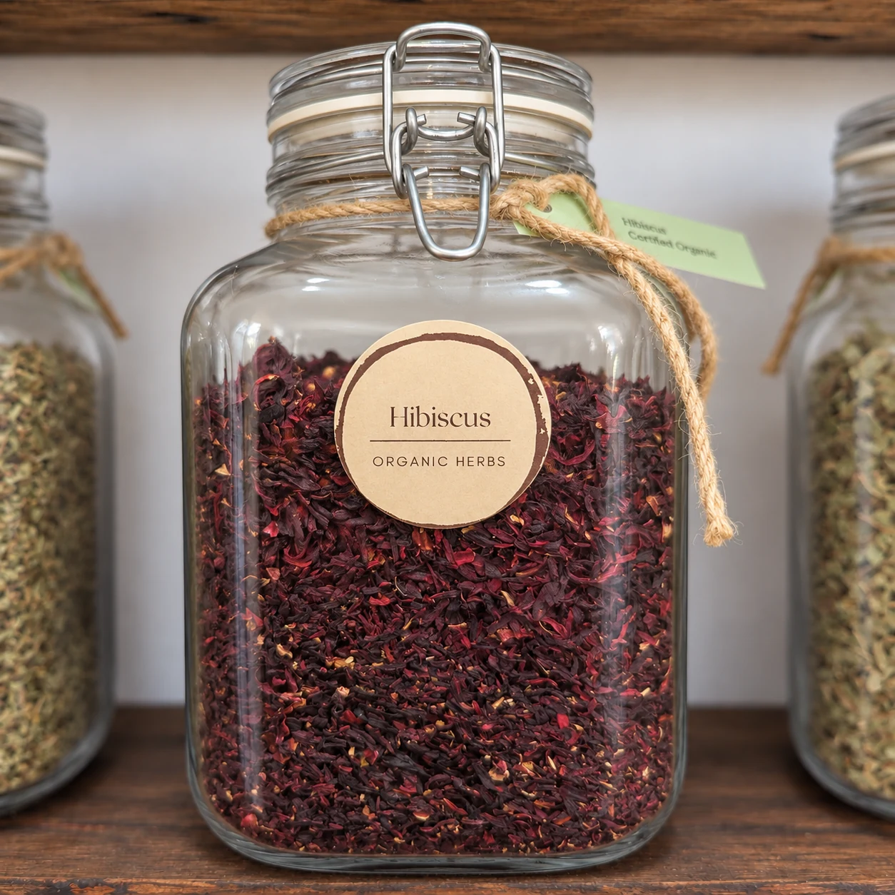 Hibiscus flowers in its glass display jar - enhanced shop photograph