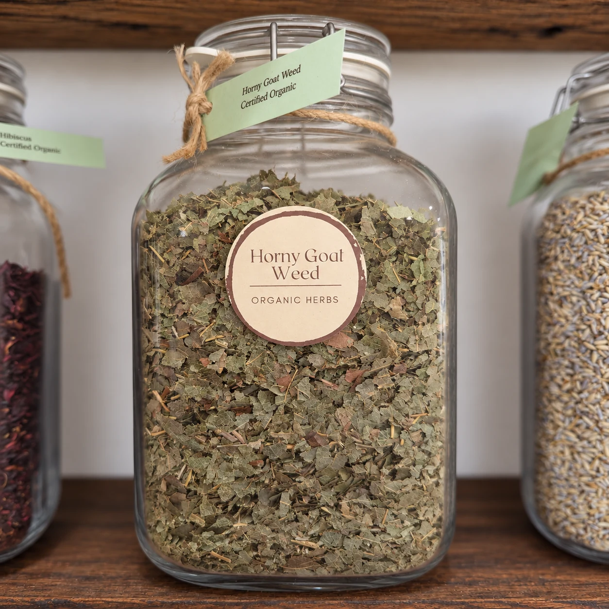 Horny goat weed in its glass display jar - enhanced shop photograph