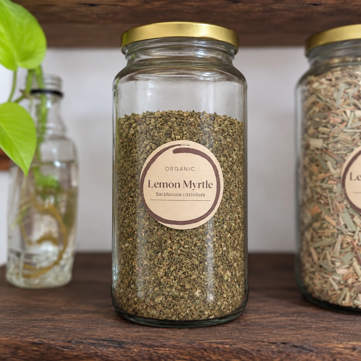 Lemon myrtle in its glass display jar - enhanced shop photograph