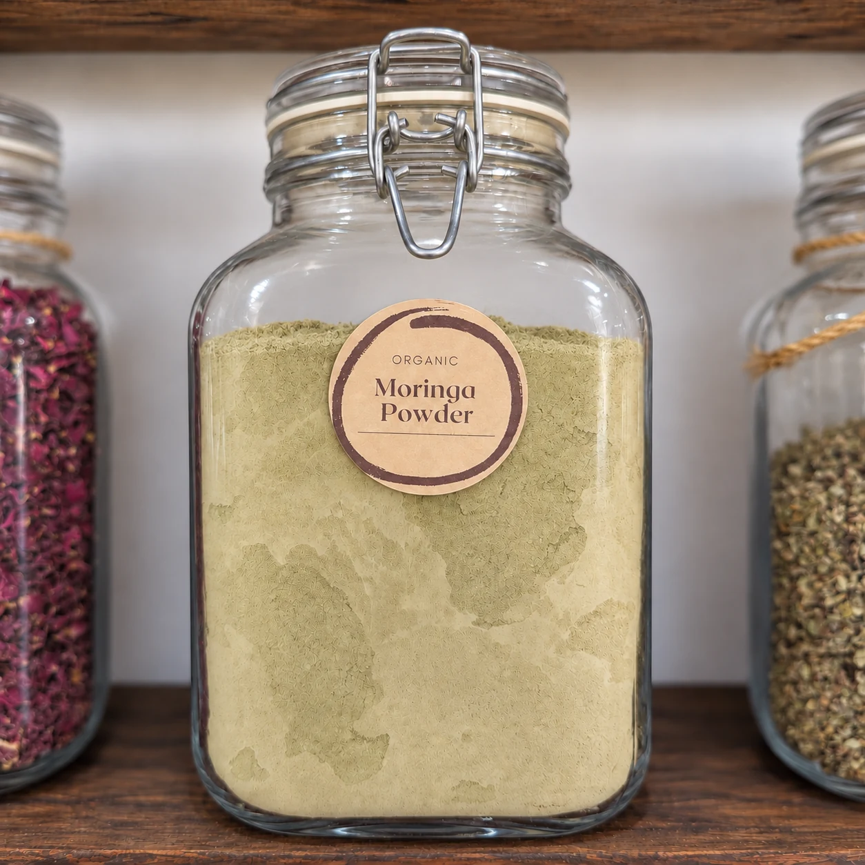 Moringa powder in its glass display jar - enhanced shop photograph