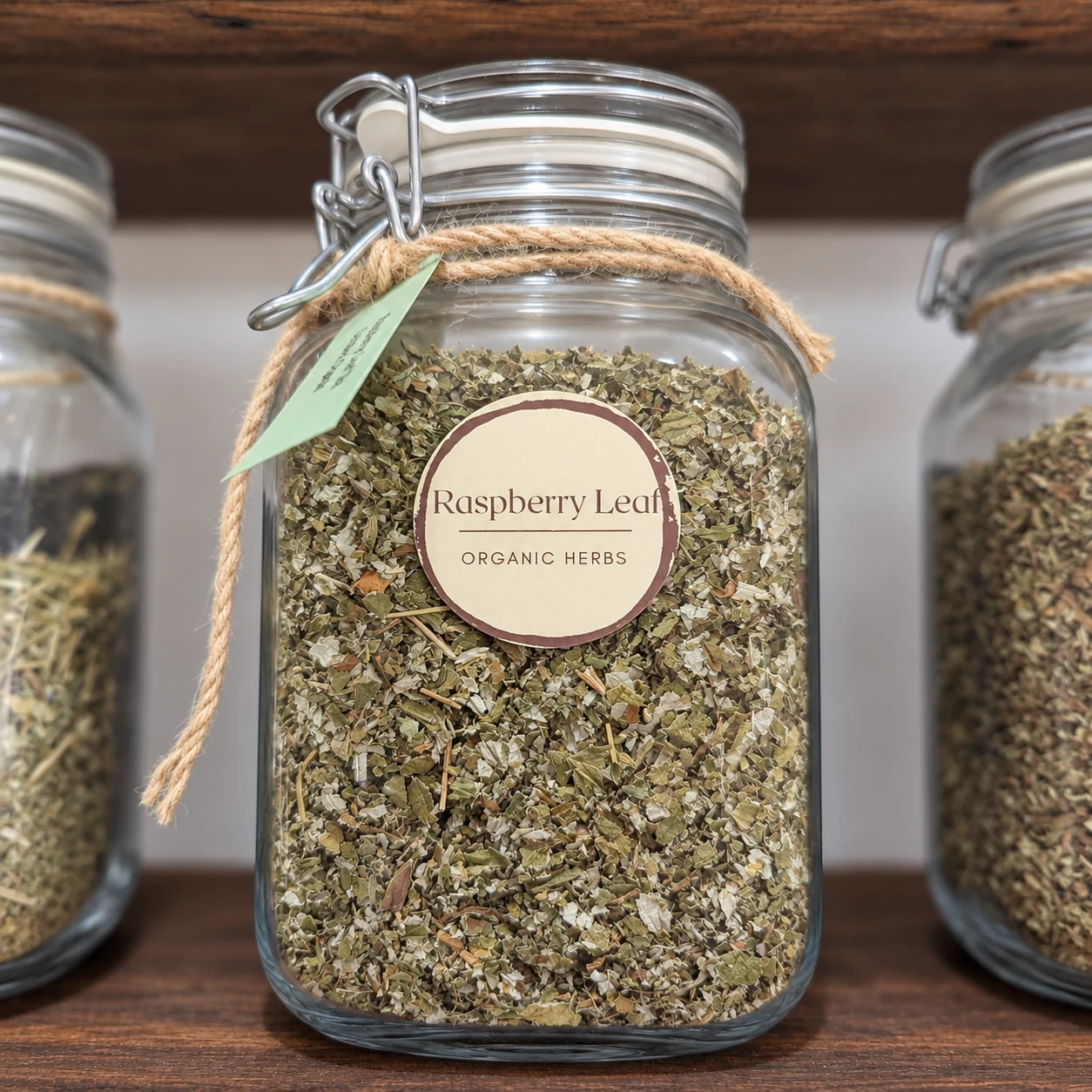 Raspberry leaf in its glass display jar - enhanced shop photograph