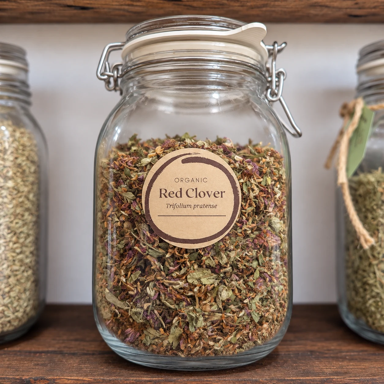 Red clover in its glass display jar - enhanced shop photograph