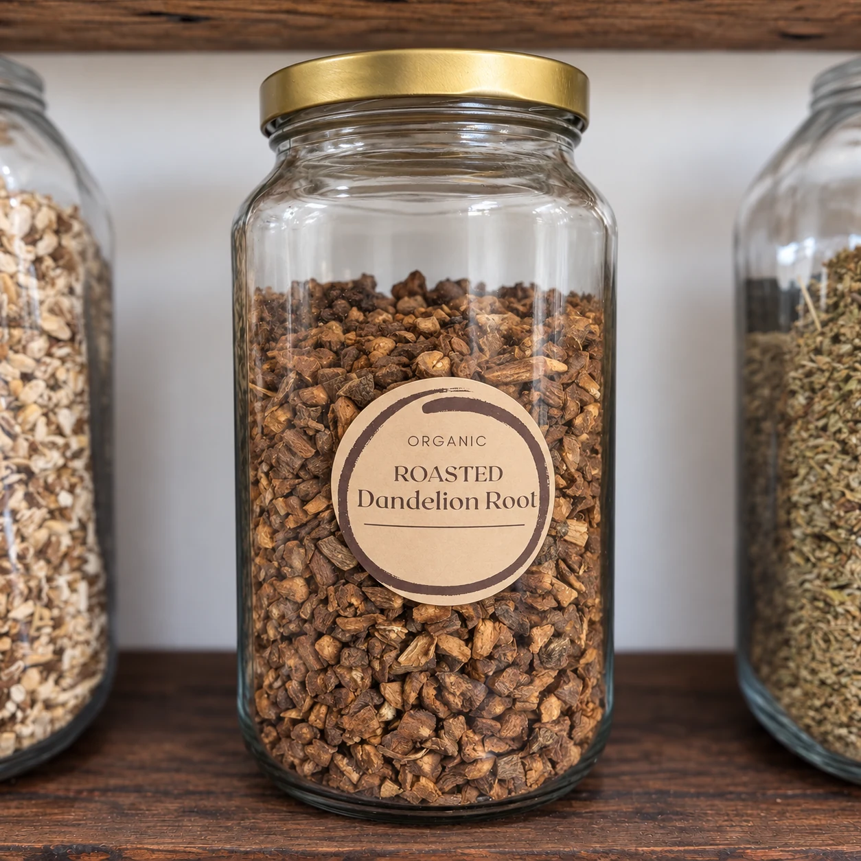 Roasted dandelion root in its glass display jar - enhanced shop photograph