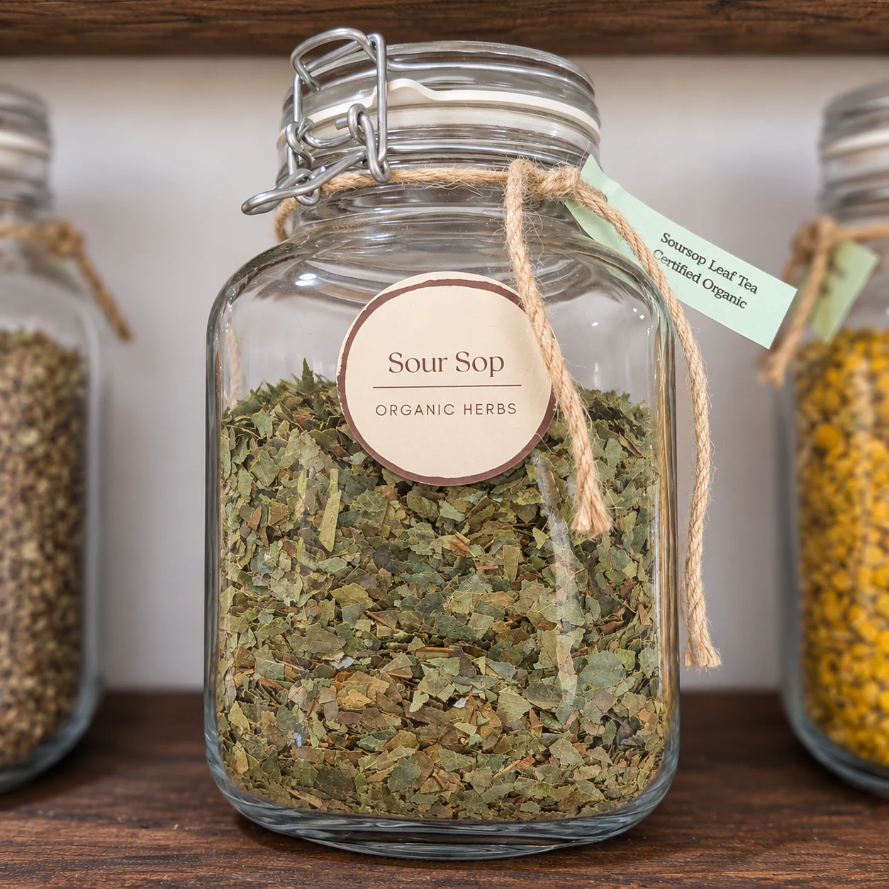 Soursop leaf in its glass display jar - enhanced shop photograph